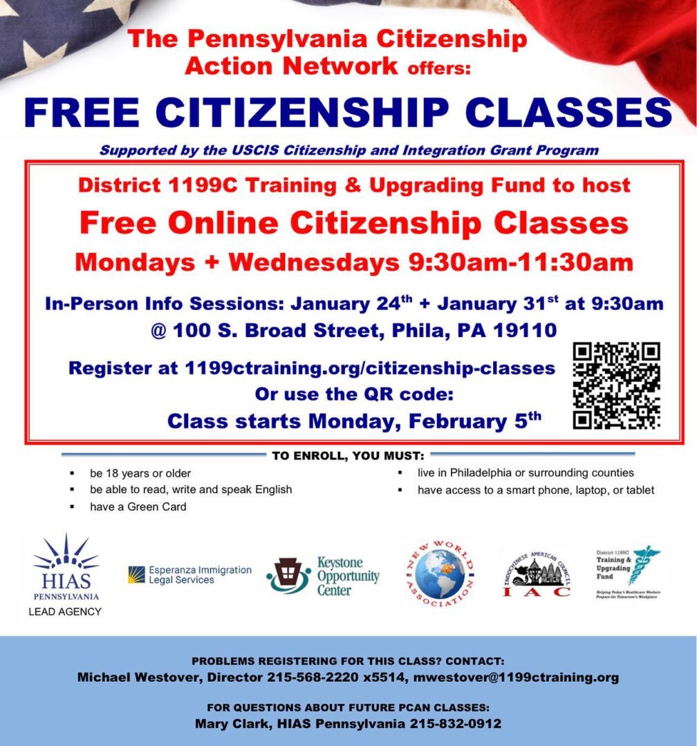 The flyer for the pennsylvania citizenship classes.