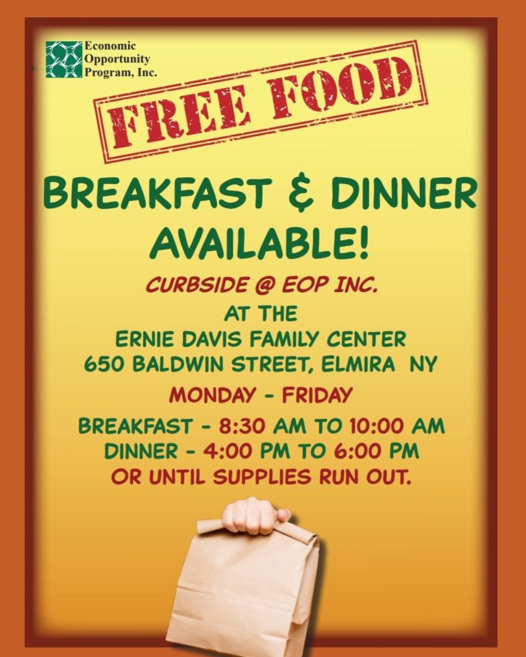 A flyer for a free breakfast and dinner.