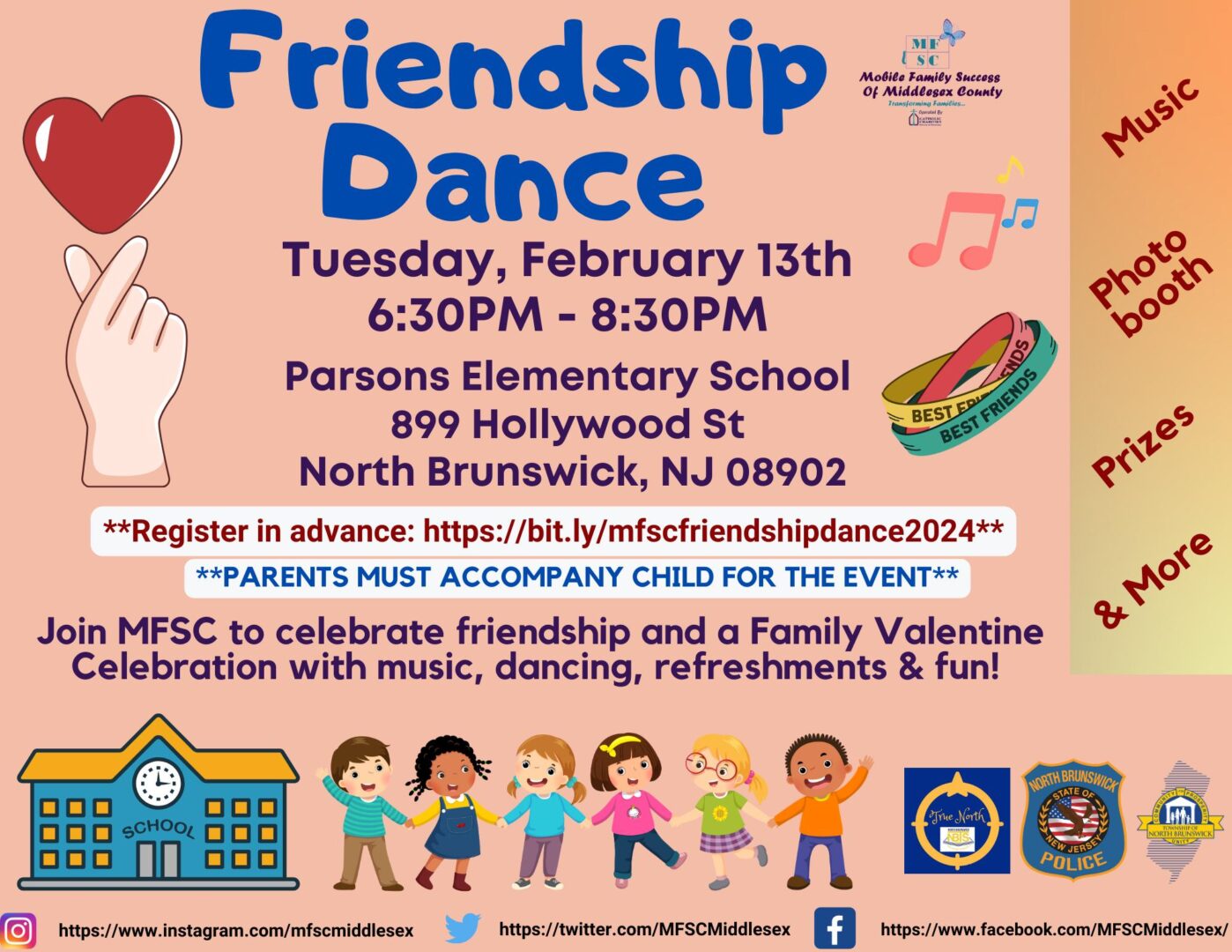 A flyer for the friendship dance at parsons elementary school.