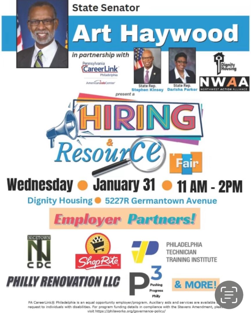 A flyer for the hiring resource center in haywood, philadelphia.