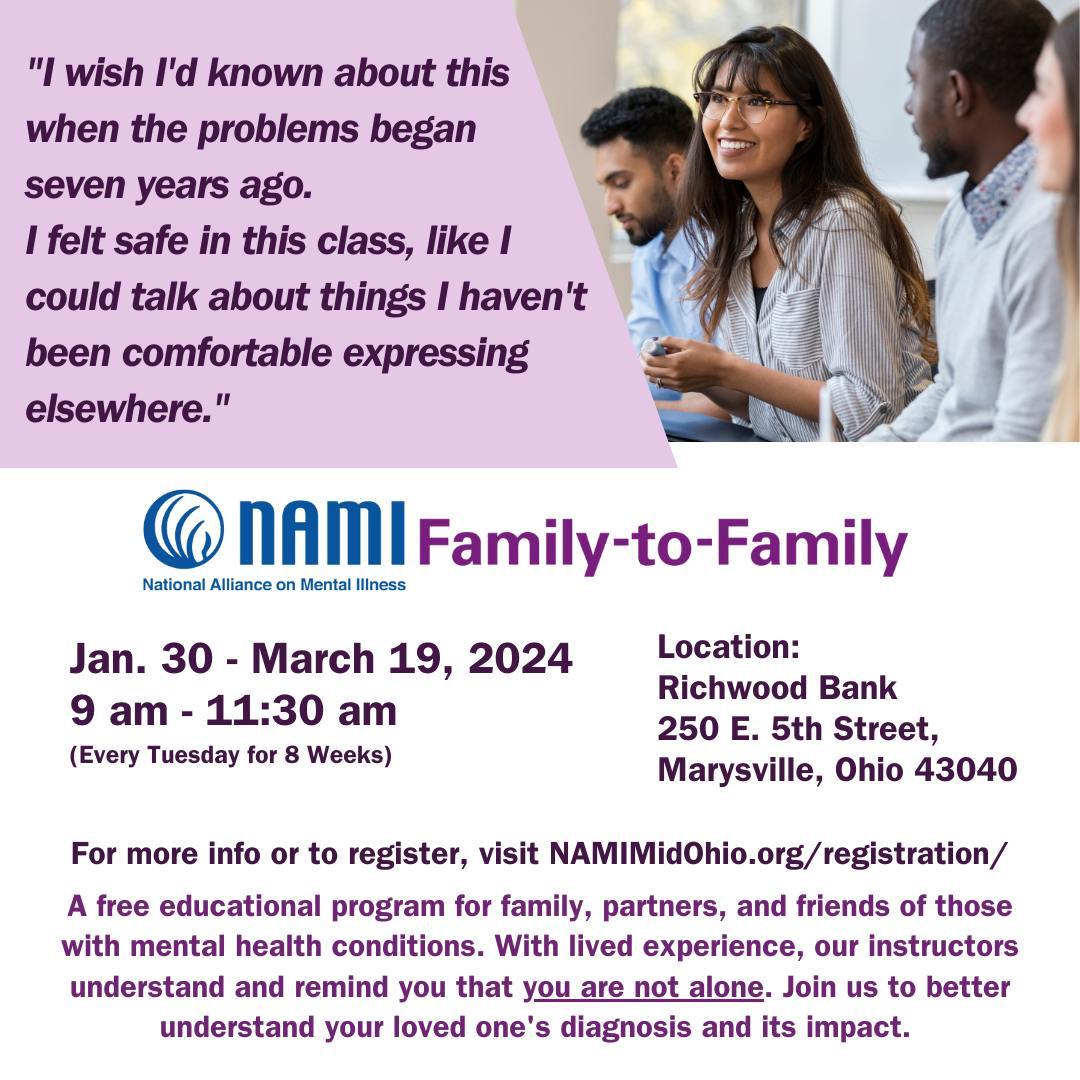 A flyer for the nami family to family event.