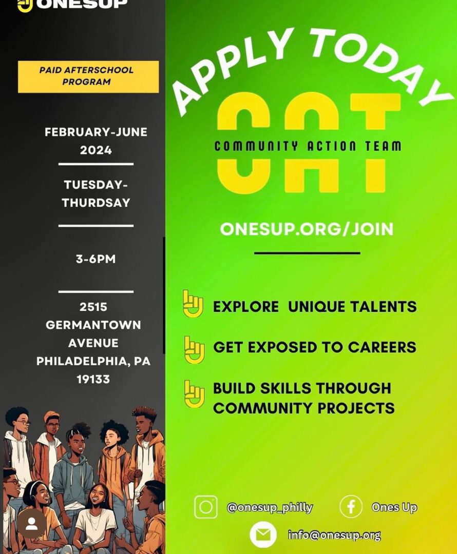 A flyer for the oneup community development program.