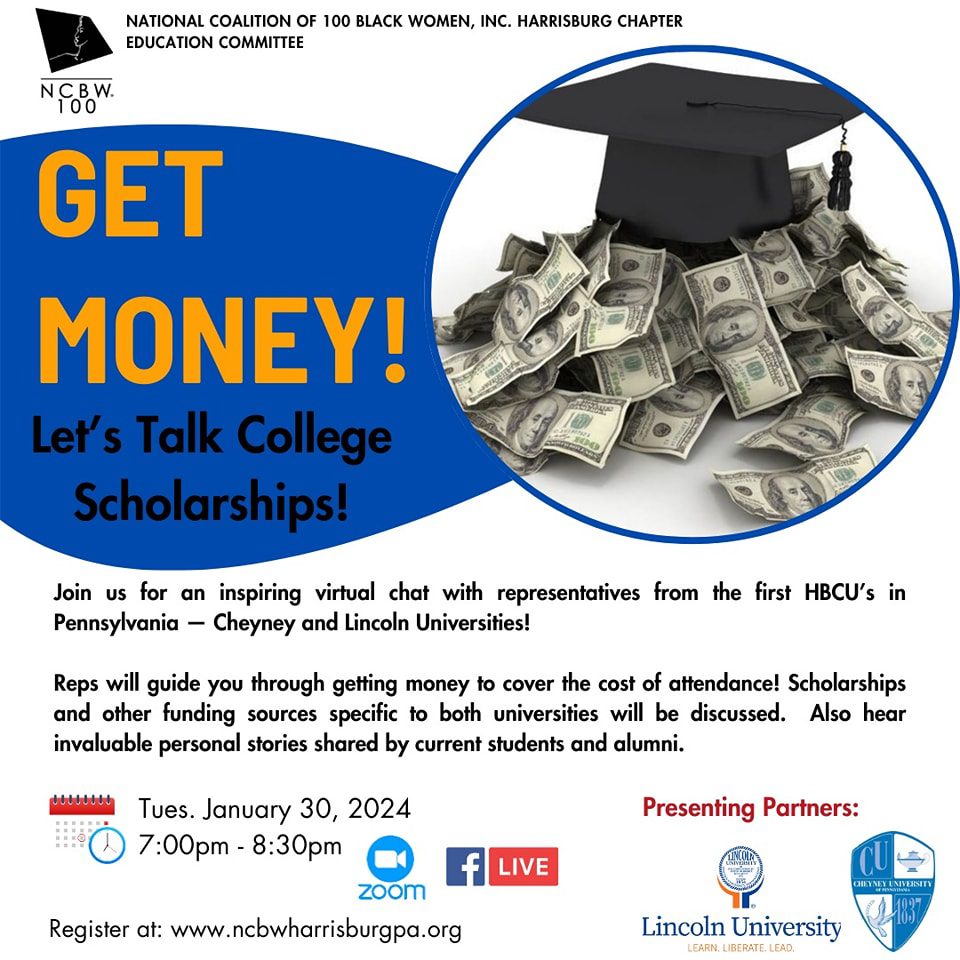 A flyer with the words get money let's talk talk college scholarships.