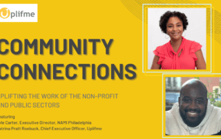 Banner for a virtual event titled "Community Connections" featuring Kyle Carter, Executive Director, NAMI Philadelphia, and Katrina Pratt Roebuck, CEO, Uplifme. The background is yellow with text and headshots.