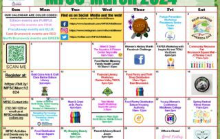 A calendar for March 2024 by the MFSC, detailing various events and workshops. Each day features different activities, registered with QR codes and located in multiple towns, marked in color.
