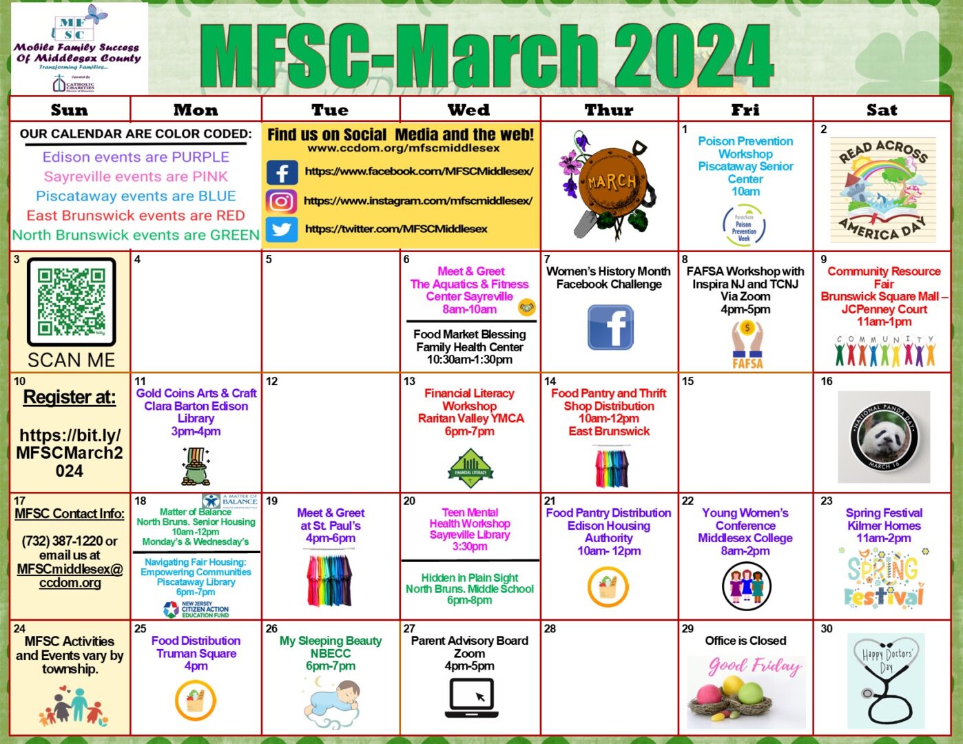 A calendar for March 2024 by the MFSC, detailing various events and workshops. Each day features different activities, registered with QR codes and located in multiple towns, marked in color.