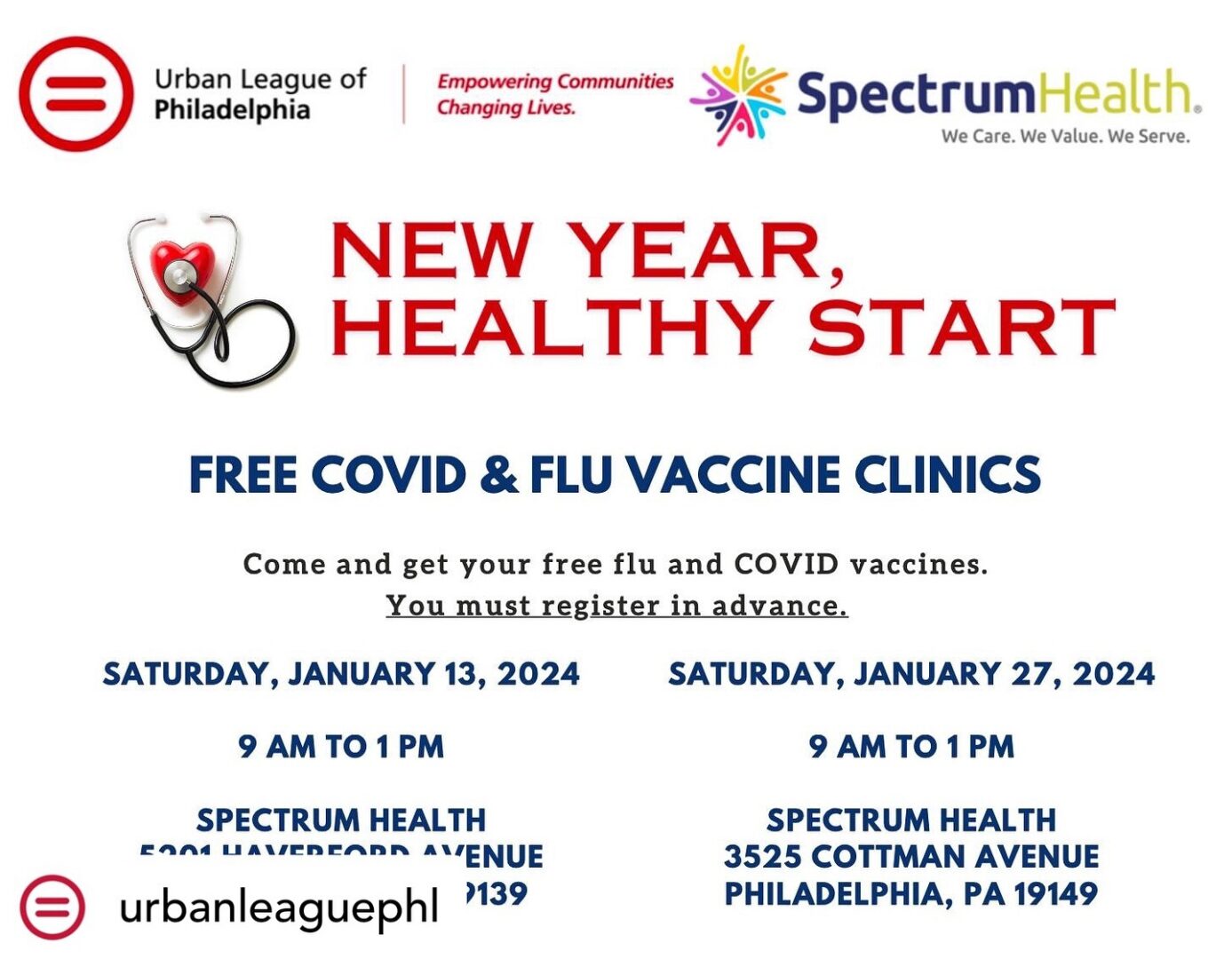 A flyer with the words new year healthy start free covid and flu vaccine clinics.