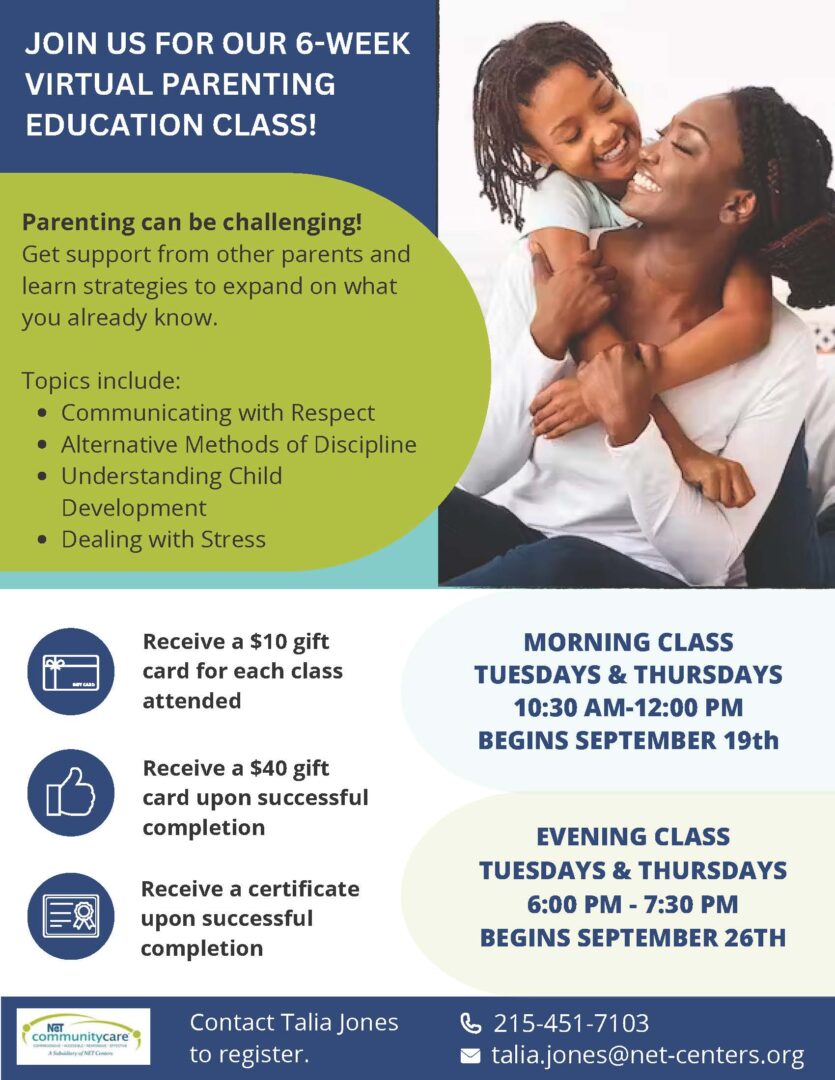 A flyer for a virtual parenting education class.