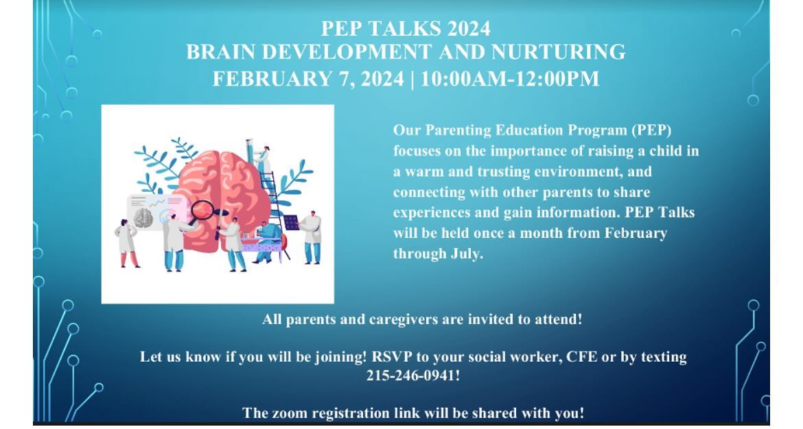 A flyer with the words pet talks brain development and fostering.