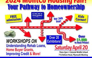 Flyer for the 2024 MontCo Housing Fair on April 20, 10am-2pm at Colonial Middle School. It features workshops, over 20 exhibitors, kids' corner, over $1,000 in door prizes, and free admission.