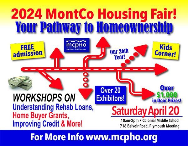 Flyer for the 2024 MontCo Housing Fair on April 20, 10am-2pm at Colonial Middle School. It features workshops, over 20 exhibitors, kids' corner, over $1,000 in door prizes, and free admission.