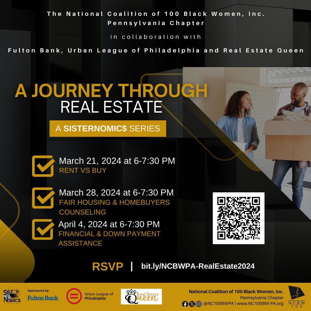 Event flyer for "A Journey Through Real Estate" hosted by the National Coalition of 100 Black Women, Inc., Pennsylvania Chapter, in collaboration with partners. Dates: March 21, 28, and April 4, 2024. RSVP link provided.