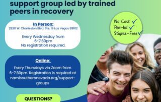 Flyer for adult mental wellness support group led by trained peers in recovery. Sessions on Wednesdays in person and Thursdays via Zoom. Contact information and registration details included.