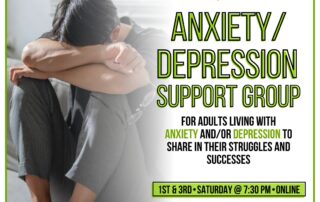 A person sitting with their head down. A flyer from NAMI Bucks County PA promotes a free online support group for adults with anxiety or depression. Meetings are on the 1st and 3rd Thursdays at 7:30 PM.