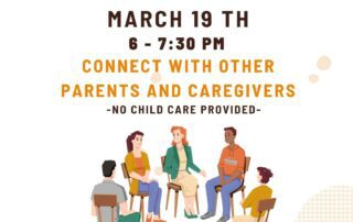 Flyer for an Autism Support Group meeting on March 19th from 6-7:30 PM in Fillmore, CA. The event is for parents and caregivers, with no childcare provided. Contact information is included.