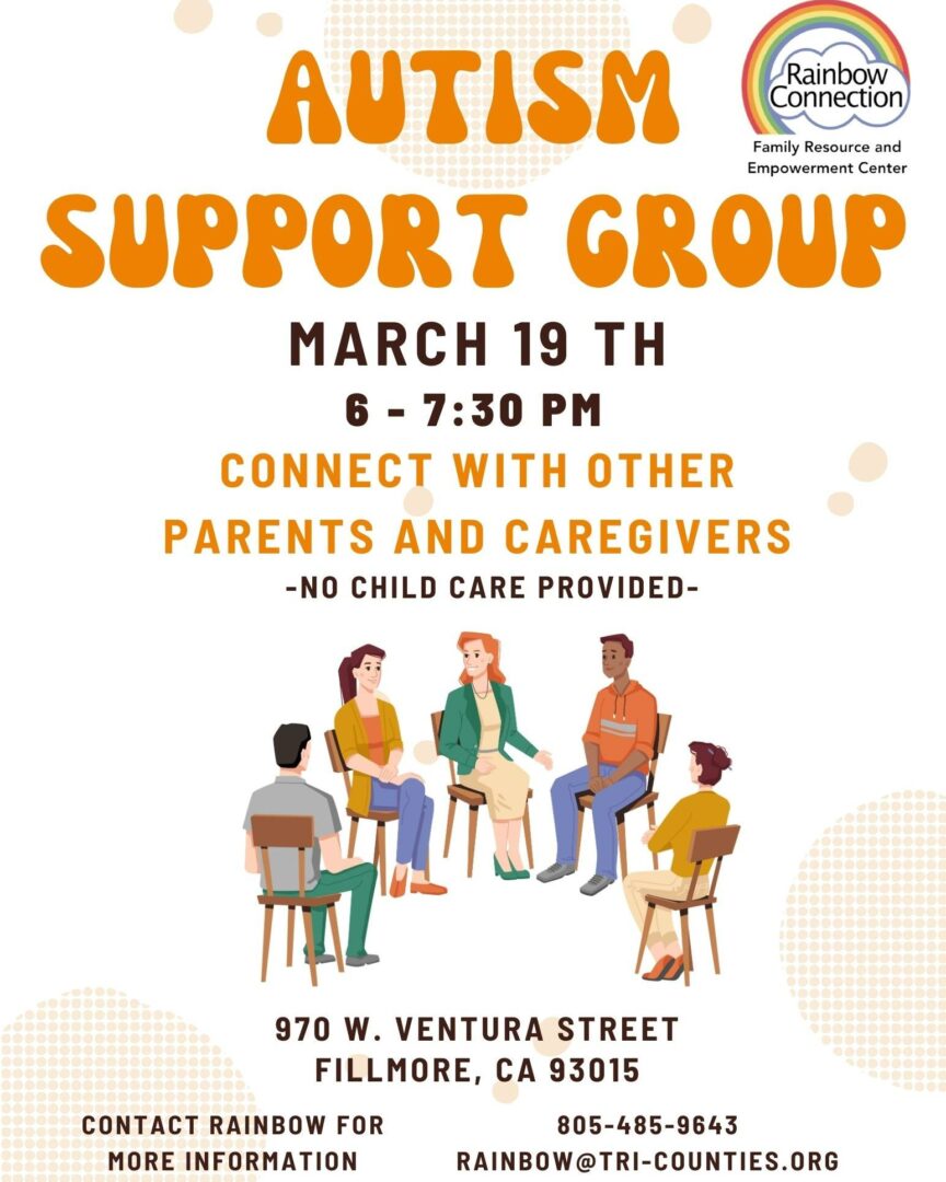 Flyer for an Autism Support Group meeting on March 19th from 6-7:30 PM in Fillmore, CA. The event is for parents and caregivers, with no childcare provided. Contact information is included.