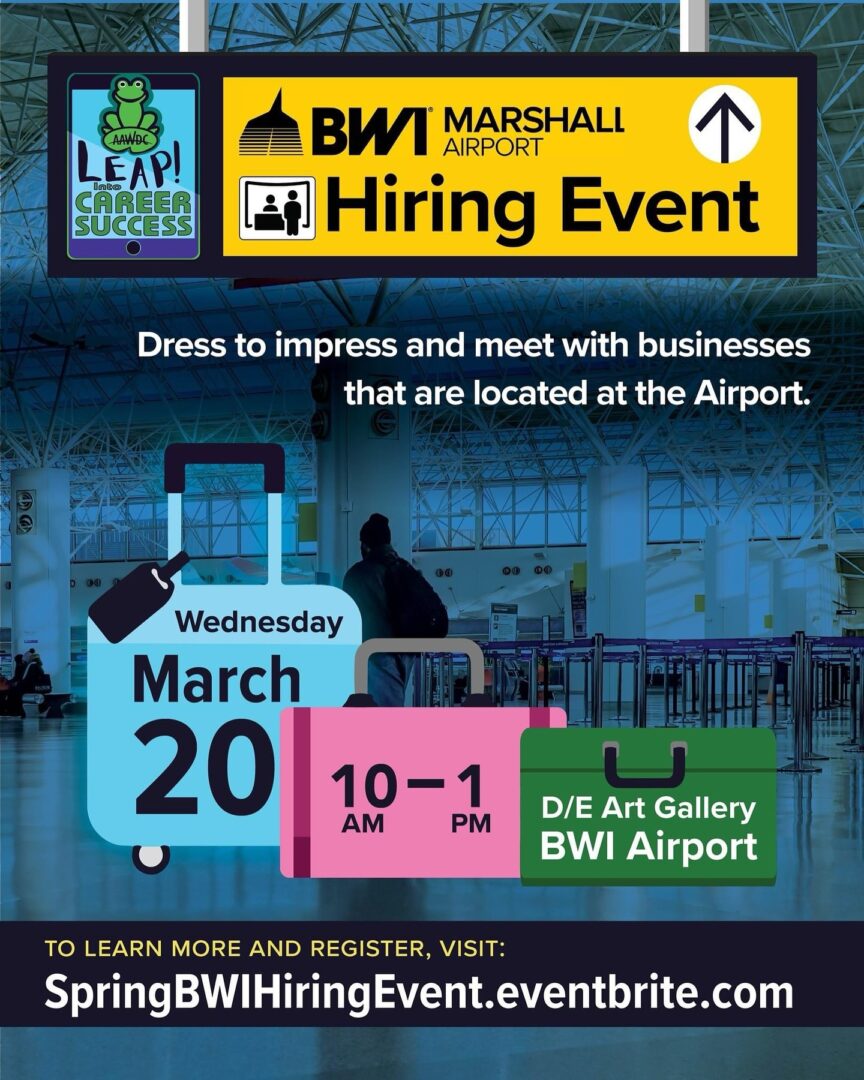 Flyer advertising the BWI Marshall Airport Hiring Event on Wednesday, March 20, from 10 AM to 1 PM at the D/E Art Gallery in BWI Airport. Registration details are provided at SpringBWIHiringEvent.eventbrite.com.