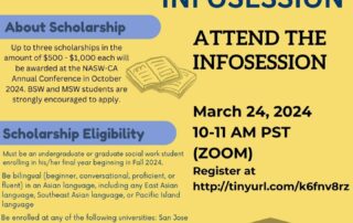 Infographic about the Diana Ming Chan Bilingual Social Work Scholarship Infosession on March 24, 2024, from 10-11 AM PST via Zoom. Emphasizes eligibility and registration information.