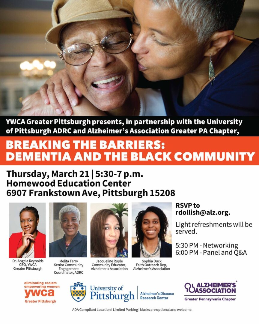 Flyer for an event titled "Breaking the Barriers: Dementia and the Black Community," to be held on March 21 at the Homewood Education Center from 5:30-7 p.m., hosted by the YWCA Greater Pittsburgh.