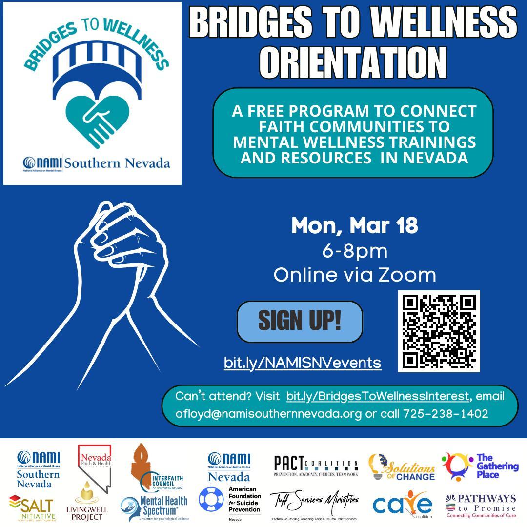 Promotional flyer for Bridges to Wellness Orientation, hosted by NAMI Southern Nevada. Event Date: Mar 18, 6-8pm, online via Zoom. Offers mental wellness training for Nevadan faith communities.