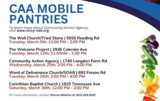 Flyer for CAA mobile pantries listing dates, times, and locations in March 2023. Includes contact info and social media links at the bottom. Decorated with icons of social media, produce, and the CAA logo.