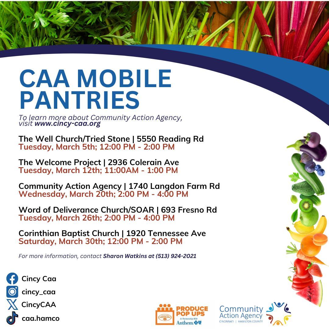 Flyer for CAA mobile pantries listing dates, times, and locations in March 2023. Includes contact info and social media links at the bottom. Decorated with icons of social media, produce, and the CAA logo.