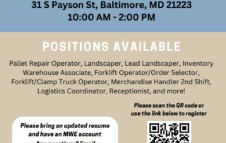 Flyer for a Career & Resource Fair on March 20th, 2024, at Bon Secours Community Resource Center in Baltimore, MD, listing multiple available positions and a QR code for more information.