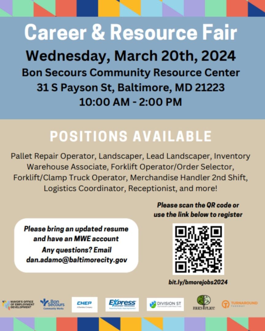 Flyer for a Career & Resource Fair on March 20th, 2024, at Bon Secours Community Resource Center in Baltimore, MD, listing multiple available positions and a QR code for more information.