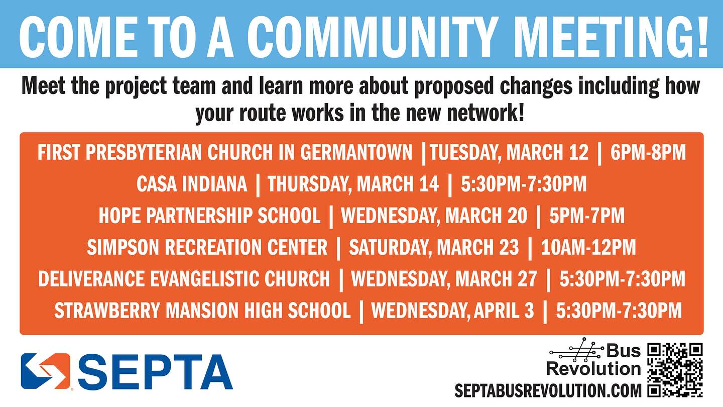 Flyer for SEPTA community meetings about proposed route changes. Meetings: March 12, 14, 20, 23, 27, April 3 at various locations. Visit septabusrevolution.com for details.