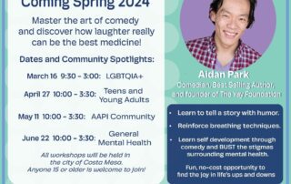 Flyer for "Comedy Training Workshop: Laugh Rx" hosted by Aidan Park, scheduled for Spring 2024. Workshops will be held for various community groups, and lunch will be provided. Contact info included.