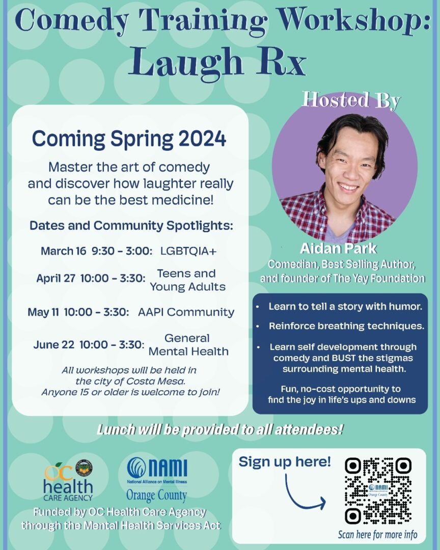 Flyer for "Comedy Training Workshop: Laugh Rx" hosted by Aidan Park, scheduled for Spring 2024. Workshops will be held for various community groups, and lunch will be provided. Contact info included.