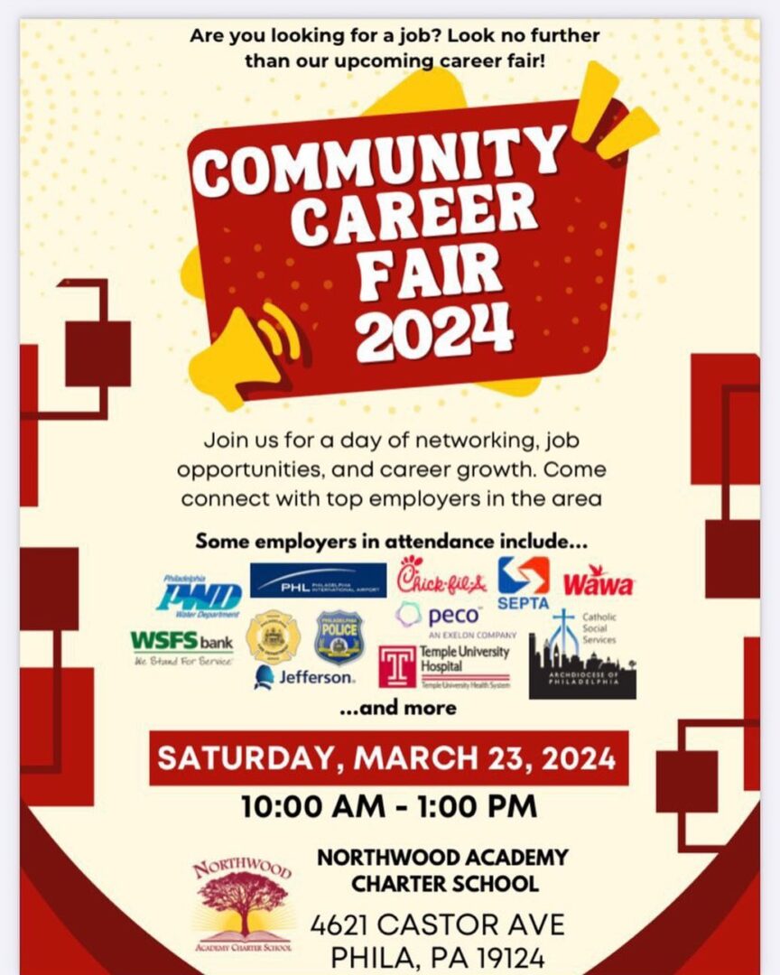 Poster for the "Community Career Fair 2024," scheduled for March 23, 2024, from 10:00 AM to 1:00 PM at Northwood Academy Charter School in Philadelphia, PA. Various employers will be in attendance.