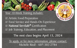 Flyer for the Community Food for Jobs Program, a free culinary arts training for ages 18+. Includes details on course content, start date (April 15, 2024), and contact information.