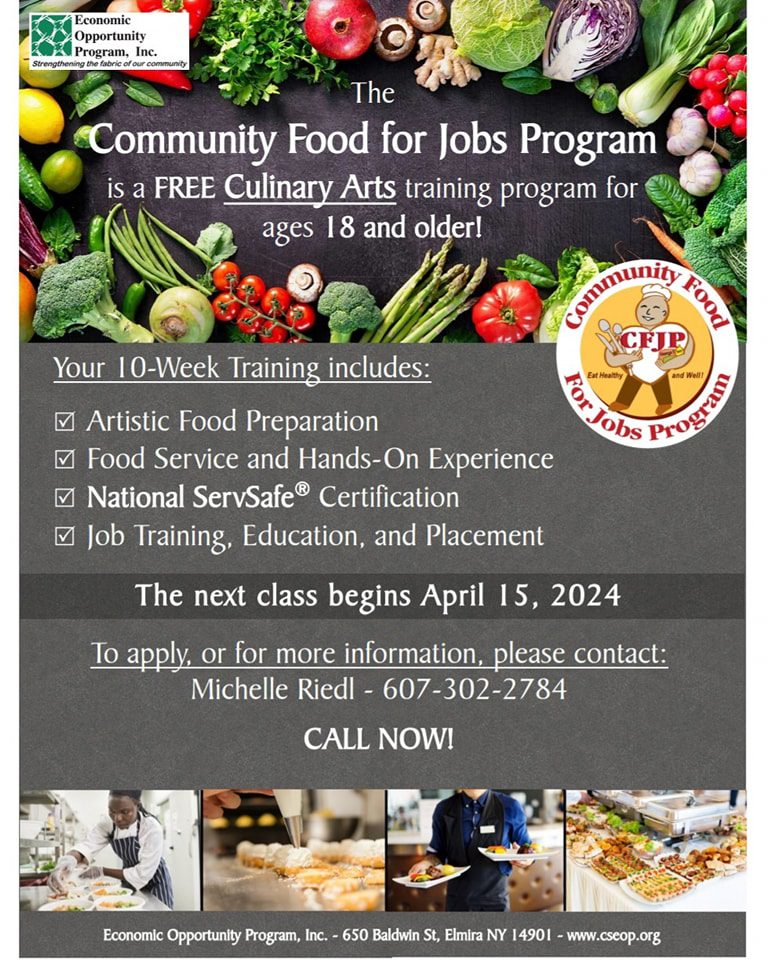 Flyer for the Community Food for Jobs Program, a free culinary arts training for ages 18+. Includes details on course content, start date (April 15, 2024), and contact information.