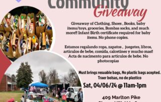 Flyer for a Community Giveaway event on April 6, 2024, from 11 am-1 pm at 409 Marlton Pike, Cherry Hill, NJ. It offers clothing, shoes, books, toys, diapers, and more. Sponsored by KW and Wheels of Change NJ.