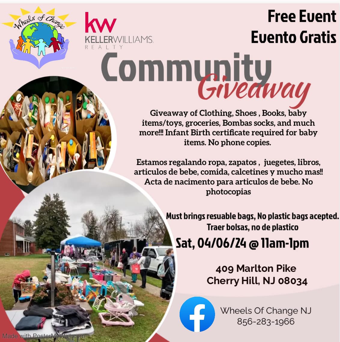 Flyer for a Community Giveaway event on April 6, 2024, from 11 am-1 pm at 409 Marlton Pike, Cherry Hill, NJ. It offers clothing, shoes, books, toys, diapers, and more. Sponsored by KW and Wheels of Change NJ.