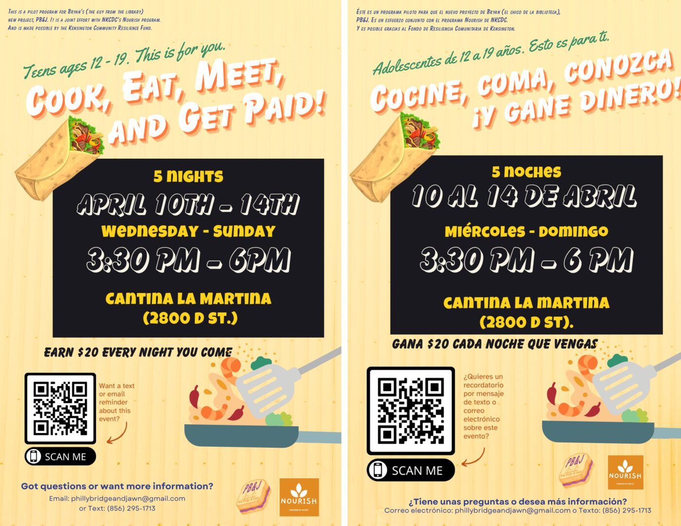 Bilingual flyer promoting a "Cook, Eat, Meet, and Get Paid!" event for teens aged 12-19, happening April 10-14 at Cantina La Martina. Teens can earn $20 per night. Event details and QR code included.