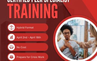 Flyer for Crisis-Specialized Hybrid Certified Peer Specialist Training. Hybrid format from April 2nd to April 18th. No cost. Prepares for crisis work. Apply at namibucksipa.org/cps. County of Bucks.