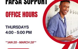 Flyer for FAFSA support office hours by the Los Angeles Urban League. Held Thursdays from 4:00 to 5:00 PM, January 25 to March 28. Contact: Nina Torres at nina.torres@laul.org.