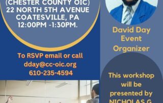 Flyer for a financial literacy event on March 20th at Chester County OIC, Coatesville, PA, 12:00 PM - 1:30 PM. Key presenter: Nicholas G. Bucci, CFP®. To RSVP, email dday@cc-oic.org or call 610-235-4594.