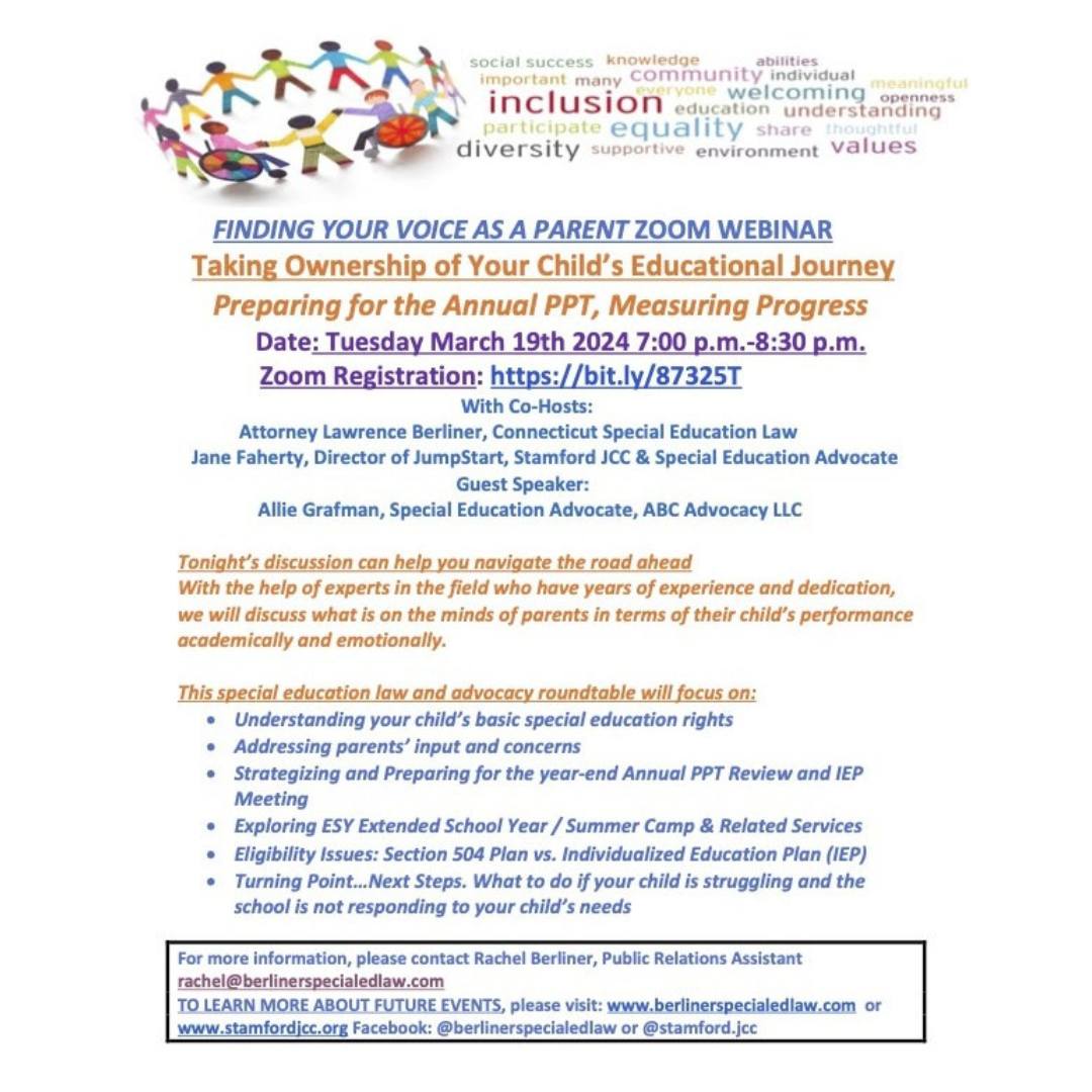 Flyer for a parent webinar on preparing for the Annual PPT and measuring progress, scheduled for Tuesday, March 19th, 2024, from 7:00 p.m. to 8:30 p.m. via Zoom, featuring several speakers.