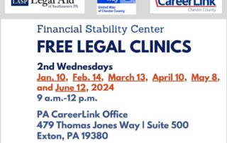 In-person free legal clinics flyer for Exton, PA. Clinics are on the second Wednesday of specified months in 2024 from 9 a.m. to 12 p.m. at the PA CareerLink Office. Appointment required. Contact details provided.