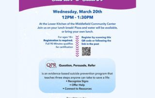 Flyer for a free QPR Suicide Prevention Training on March 20th, 12PM-1:30PM at Middlefield Community Center. Includes details on registration, lunch options, and QR code for more information.