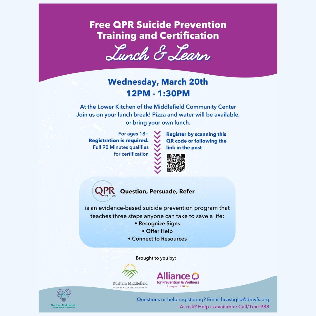 Flyer for a free QPR Suicide Prevention Training on March 20th, 12PM-1:30PM at Middlefield Community Center. Includes details on registration, lunch options, and QR code for more information.