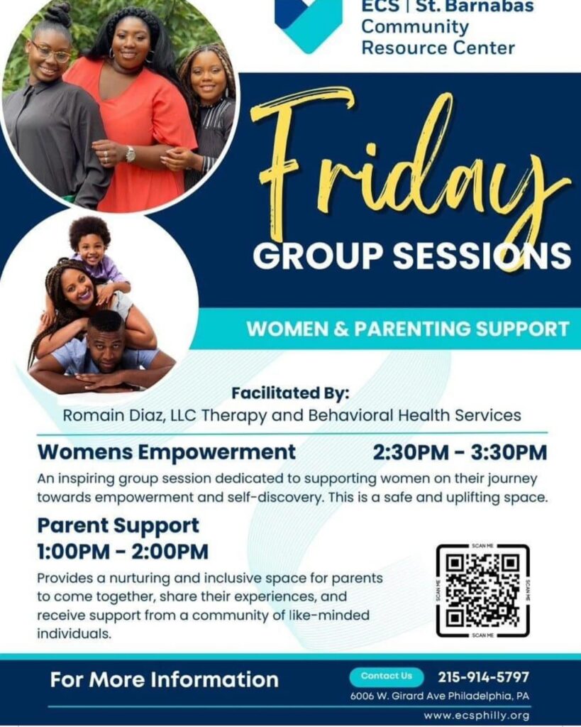 Flyer for ECS St. Barnabas Community Resource Center's Friday Group Sessions. It includes sessions on Women's Empowerment (2:30-3:30 PM) and Parent Support (1:00-2:00 PM), facilitated by Romain Diaz.