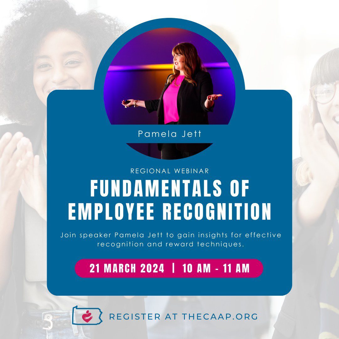 Promotional image for a webinar titled "Fundamentals of Employee Recognition," featuring speaker Pamela Jett. The event is scheduled for 21 March 2024 from 10 AM to 11 AM. Registration details are provided.