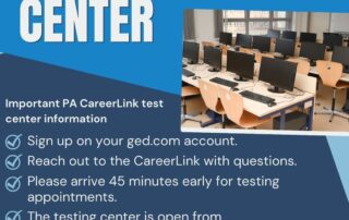 Flyer for Chester County OIC GED Testing Center with info on registration, CareerLink questions, and testing schedules. Open Tues, Thurs, Fri from 9:30 AM to 4:00 PM at 479 Thomas Jones Way, Exton, PA.