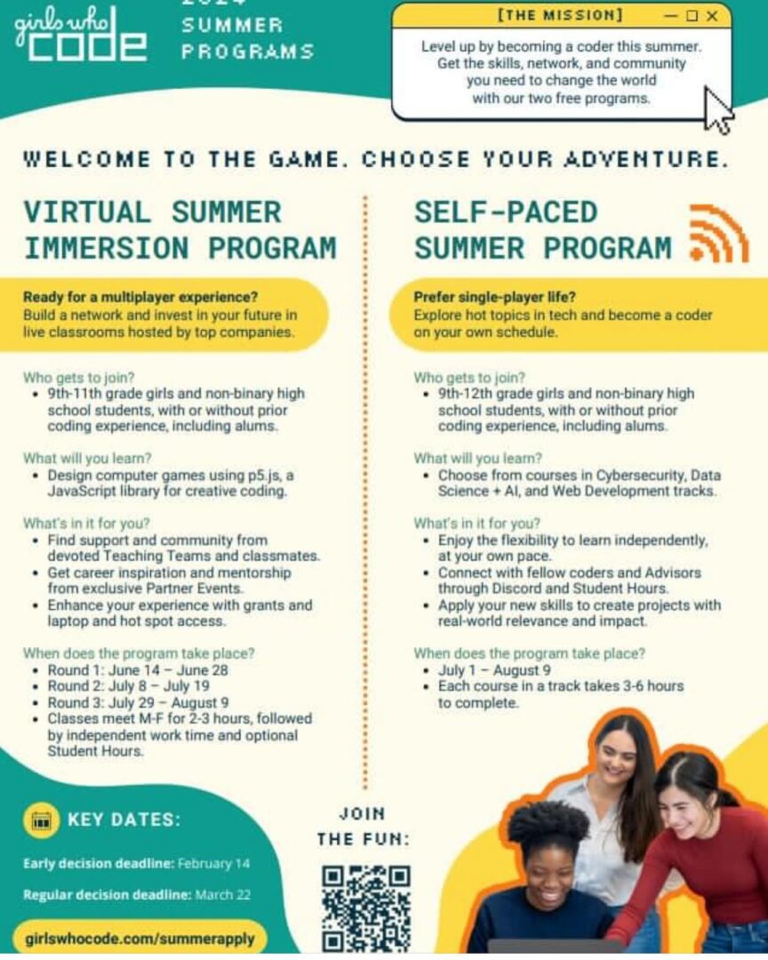 A promotional poster for Girls Who Code's virtual summer programs, featuring details about the Virtual Summer Immersion Program and the Self-Paced Summer Program, with application deadlines and key dates.