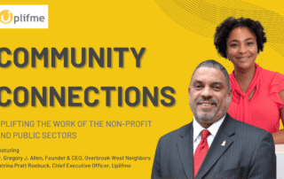 Two individuals, a man in a suit and a woman in a red blouse, stand against a yellow background with "Community Connections" text and other event details promoting non-profit and public sector work.