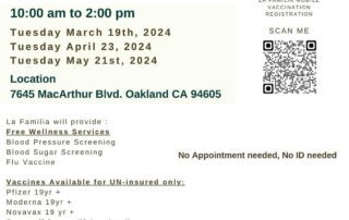 Flyer for Homies Empowerment promoting free COVID vaccines and wellness screenings on March 19th, April 23rd, and May 21st, 2024, from 10:00 am to 2:00 pm at 7645 MacArthur Blvd, Oakland, CA 94605.